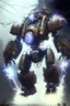 Placeholder: large mechanical robot exosuit make electricity lightning coming from it, steampunk exosuit