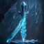 Placeholder: A fantasy sword that is a slender, translucent blade made of iron, shimmering with an ethereal blue glow. Its hilt is crafted from ice, leading to a vibrant crystal at the pommel. With a black background behind it.