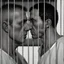 Placeholder: realistic, two italian prisoners 44 years old kissing in prison behind bars, dirty, ugly, bullneck, muscular chubby, in tank top, long hairs, manly chest, misery and poverty, emotive eyes, photo 50mm lens, side view, photorealistic, ultradetailed