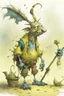Placeholder: artist Jean-Baptiste Monge style. a unhappy, disgruntled biomorph tall lanky skinny fuzz-headed old dust bunny. skinny arms, legs and body. covered all over in bits of dust and dirt. blue eyes. A yellow dotted green raggedy apron. holding a mop and pail. standing in a cloud of dust. large bits of dirt flying around his head. In Style of Tim Burton