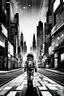 Placeholder: picture from a black and white line art cityscape. In the middle a color step transition photo of a little girl walking in space suit on the street, enhancing the contrast between her 3db texture and the black and white line cityscape, high digital illustration, cinematic