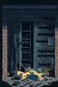 Placeholder: minimal manga color drawing of a dark room with one locked door and a lot of items and tools, stony wall