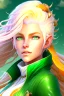 Placeholder: fantasy setting, woman ranger traveler with orange and white hair, pastel green eyes, kind, soft facial traits