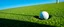 Placeholder: left side macro photo of a golf green, golf ball with shadow next to the hole(circular, dark inside), ground is short groomed green grass, clear blue sky, add texture and depth, realism