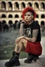 Placeholder: A portrait of an attractive young Italian punk girl. Photo taken in front of the Colosseum. Holey T-shirt, short red skirt, heavy boots, a few tattoos and piercings, colourful teased hair voivod style, sitting pose, 135 mm lens, classic Ilford film, highly detailed skin, small mole over lips