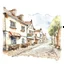 Placeholder: A cozy charming depiction of a typical Tasmanian street with cobblestone paths, outdoor cafes, and vintage architecture, watercolor illustration 2D drawing, in white background