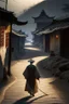 Placeholder: Man walks on road's chinese village with playing light and shadow as ho fan style