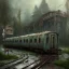 Placeholder: an abandoned train on tracks overgrown by nature with large puddles of water flooding part of tracks, 8k resolution, high-quality, fine-detail, intricate, digital art, detailed matte, volumetric lighting, illustration, 3D octane render, brian froud, howard lyon, selina french, anna dittmann, annie stokes, lisa parker, greg rutowski