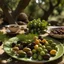 Placeholder: A plate of olives surrounded by a healthy breakfast in nature