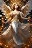 Placeholder: Photography realistic Beautiful Angel wearing a magical gown of swirly flowing marble water gold filigree curlicues, flowering flowers, bloom, sparkle, ornamental gilt, diamonds, rubies, emeralds, sapphires, beautiful, delicate, intricate, elegant, graceful, shiny, Hyperrealism, Rococo, expressive, spherical, zoom out, volumetric lighting