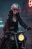 Placeholder: vampire girl with short cropped cyberpunk hair riding a cafe racer motorcycle in a post apocalyptic city at night