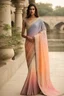 Placeholder: A floor-length silk sari with delicate hand-embroidered floral motifs along the border.Pastel shades with a gradient effect from top to bottom, mimicking the colors of a calm sunset.Blouse with intricate lace detailing, adding a touch of modernity to the traditional sari.