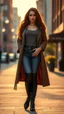 Placeholder: Create an ultra-realistic cinematic 8K fullbody of lady mode skin texture, add makeup,pretty boots,curvy long hair. Style: fashion editorial, confident standing pose. Lighting: warm golden hour sunlight, soft rim light. Background: softly blurred urban bokeh. Camera look: shallow depth of field, film grain, cinematic color grade. Outfit: keep similar to the original or elevate slightly with premium casual style.