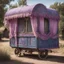 Placeholder: Old fashioned purple, blue and pink gypsy wagon decorated, curtains fluttering in the wind