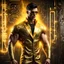 Placeholder: Hyper Realistic handsome muscular Electric-Superhero with short-black-hair wearing long-fancy-yellow-tuxedo-with-golden-circuit-patterns & fancy-golden-sunglasses in a dark-rustic-circuit-room with electric-sparks-&-rays & a massive circuit-board-wall with-glowing-embers showing dramatic & cinematic ambiance.