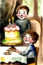 Placeholder: A cute smiling jewish boy is sitting at a table, together with a lion and a birthday cake. Watercolour