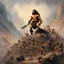 Placeholder: Conan the Barbarian standing on a mountain of Skulls, dark, multicolored watercolor stained wall in the background, oil painting in the art style of Frank Frazetta, 32k UHD, Hyper realistic, photorealistic, realistic, sharp, highly detailed, professional quality, beautiful, awesome, majestic, superb, trending on artstation