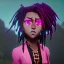 Placeholder: Ekari is a black girl with dreadlock hair sad big neon pink eyes