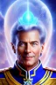 Placeholder: cosmic ufo admiral from the future, one fine whole face, large cosmic forehead, crystalline skin, expressive blue eyes, blue hair, smiling lips, very nice smile, costume pleiadian, rainbow ufo