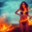 Placeholder: woman made of fire, succubus, fire clothes, full body portrait, long flowing hair, only wearing skin-colored bikini, highly detailed, real life photo, photo quality, extremely detailed, high quality, standing in fire