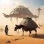 Placeholder: A post-apocalyptic world where a Tortuga made of spacecraft carcasses slowly moves in the dust of the desert. A Bedouin with his camel looks up at it, wondering about the stories it holds.