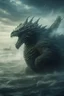 Placeholder: Closeup view of a Kaiju, bearing a striking resemblance to Godzilla, emerging from a tumultuous sea amidst a stormy backdrop, locked in combat with agile fighter jets, amidst a conflagration of fire and explosive effects, ambient lighting, professional composition, infused with a mix of elegance and futuristic aesthetics, ultra-realistic, mystical undertones, sharp focus capturing every water droplet and flame, rational placement of subjects within a cinematic frame, epic atmosphere,