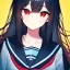 Placeholder: Clear focus, High resolution, long black fluffy hair, red eyes, chopped bangs, wearing a sailor uniform, wearing a sailor skirt, colorful, hollywood, female, no outlines, extreme close up, rough line sketch