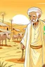 Placeholder: Old man, Arab, turban, white clothes, cattle, desert, council, sun, palm trees, mud houses, holding a stick, looking forward, a very slight smile.cartoon