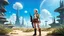 Placeholder: A slender 60-year-old woman, in brown shorts, a shirt and boots, one hand on her hip, the other holding a futuristic gun, standing in a deserted, empty fantasy city, with small clumps of strange plants and trees, blue sky with small white clouds.