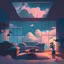 Placeholder: illustration from inside a livingroom in the sky surrounded by clouds in a lofi aestethic style and ambient lighting