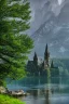 Placeholder: gothic building on a lake shore with fantasy trees and rocks