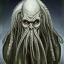 Placeholder: Cthulhu with white skin and a beard made of fleshy tentacles as a Russian Orthodox nosferatu with yellow eyes and vampire fangs and spines in the side of the nose