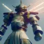 Placeholder: A portrait of a crystalised robot samurai with yakuza tatu, atmospheric, realistic, unreal engine cosmic galactic, cinematic lighting, octane render, random colors, transparent, cosmic ambiance, masterpiece, art by Yoji Shinkawa, composing fit inside