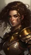 Placeholder: Fae warrior, Mahogany hair,big voluminous curls,two braided braids on the right,Dark brown eyes flecked with gold, right eyebrow with scar, beautiful, captivating face,black leather armor, two short swords, total body size