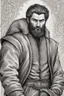 Placeholder: man, medieval, fighter, russian, croocked nose, czar, rich, simple clothes, short messy hair, thick beard, oligarch, leather coat with fur, brocade clothes, pencil drawing, black or red hair, muscles, background frame, 28 years old