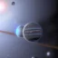 Placeholder: cold planet orbits around a red star with starships around it