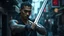 Placeholder: cinematic photo of an attraktive korean cyberpunk street samurai with black nonfigurative tattoos holding a silver metal long sword, cyber city, ultrarealistic, photorealistic, natural skin, textured skin, sharp focus, high quality, moody