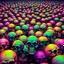 Placeholder: a field of 1000s of cartoonish, anatomically correct, skulls, vivid RANDOM BRIGHT neon colors, dark comedy, well lit, high detail, photorealistic, horrorcore, fun, scary, dead