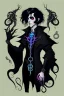 Placeholder: black haired young man necromancer wizard with gothic jewelry and tentacle fingers in the style of H. R. Geiger