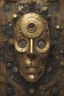 Placeholder: A mechanical click gears in the shape of humane Al Face with golden texture reflecting a dim light Dali style , Busch painting style with computer motherboard filled with chips and electronic components in the background .with to cameras lenses as Eyes