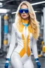 Placeholder: Hard Science fiction utopia romance human female blonde long hair augmented biotech wearing blue sunglasses in white skintight suit with yellow long gloves and yellow thigh high boots holding orange animal cat