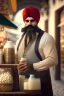 Placeholder: Turkish milk seller with a big mustache and soft beard wearing a turban in 1900 Ultra-wide angle Highly realistic precise details Detailed panoramic view Detailed distance Professional Quality 4K
