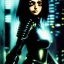 Placeholder: portrait oil on canvas, beautiful punk busty female Alita Battle Angel, intense stare, sad glowing eyes, post-apocalyptic in a cyberpunk city,minimal skintight latex dress, bladerunner movie poster, realistic, intriacte detail,rainy, sci-fi fantasy style, masterpiece, volumetric lighting, particles, highly detailed ,cinamatic , deep colours,8k, in the style of Kaare Andrew