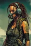 Placeholder: front facing full length portrait illustration of a grunge armored female with beaded dreadlock hair cyberpunk vampire mercenary with gas mask, telecommunications headset, and shemagh, highly detailed with gritty post apocalyptic textures, toxic irradiated landscape, finely detailed facial features and hair, in the graphic novel style of Bill Sienkiewicz,