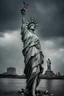 Placeholder: the statue of liberty, dress dirty and torn, her face solemn and terse, her head drooped low, shoulders slumped, trash littered at her feet, she holdsa crumpled american flag as she walks away, back to the viewer, under a dark and dreary sky