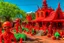 Placeholder: A red Day of the Dead themed town with fiery ghost peppers designed in Hawaiian tiki statues painted by Jindřich Štyrský