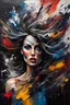 Placeholder: Abstract painting about a beautiful woman and her chaotic life, chaos, stormy, explosive, weird but exceptional art, thick paint strokes, dark colours, realistic