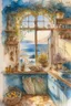 Placeholder: The kitchen of a Greek house, with a view of the sea through the window by Jean-Baptiste Monge, watercolor and ink, intricate details, fantasy, beautiful, award winning, colorful, fantastic view, crisp quality in sunshine