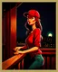 Placeholder: woman with a red baseball hat. leaning on a wooden balcony. night time. fantasy. cartoon. studio lightining.