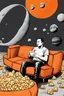 Placeholder: simple scene, Elon musk sitting on the moon on an orange couch eating popcorn, looking unamused at planet earth,. selective colours